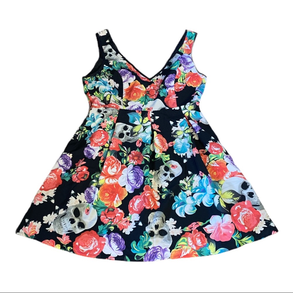 Iron Fist Black Floral Skull Skater Dress